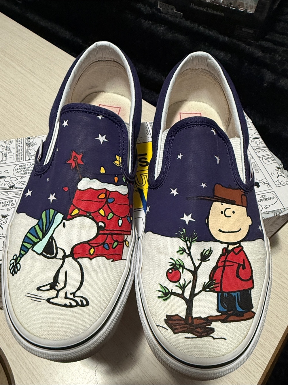 Vans Christmas Snoopy Slip-On Sneakers in Navy, White & Red with Peanuts Art